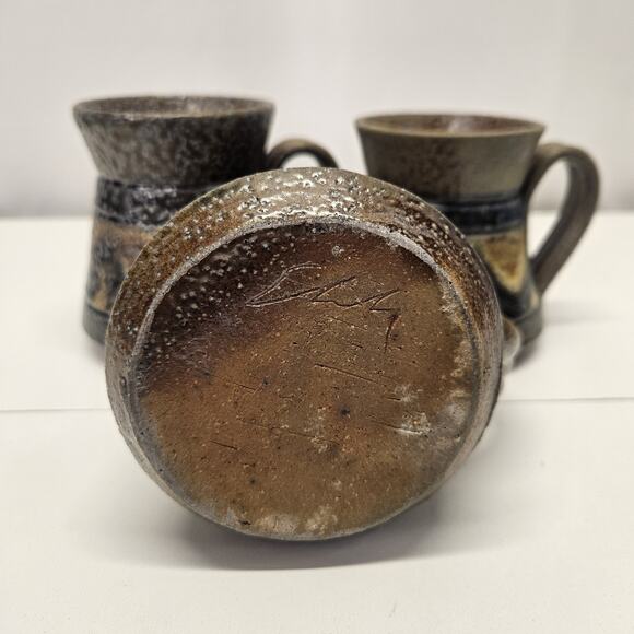 Vintage Studio Pottery Set of 4 Small Glazed Stoneware Mugs 4" Signed Coffee Mug - Picture 3 of 7